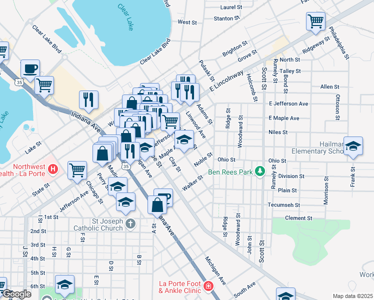 map of restaurants, bars, coffee shops, grocery stores, and more near 404 Maple Avenue in La Porte