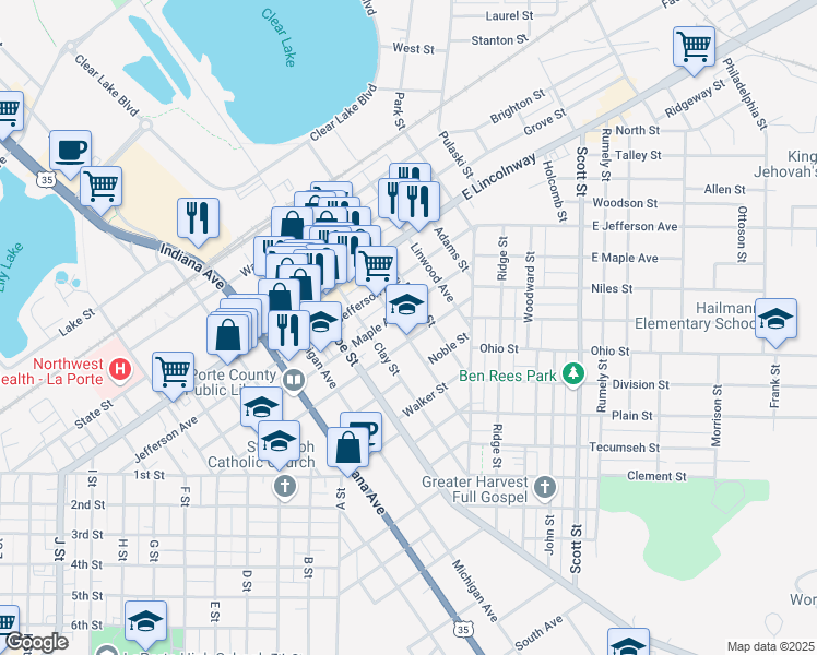 map of restaurants, bars, coffee shops, grocery stores, and more near 404 Maple Avenue in La Porte