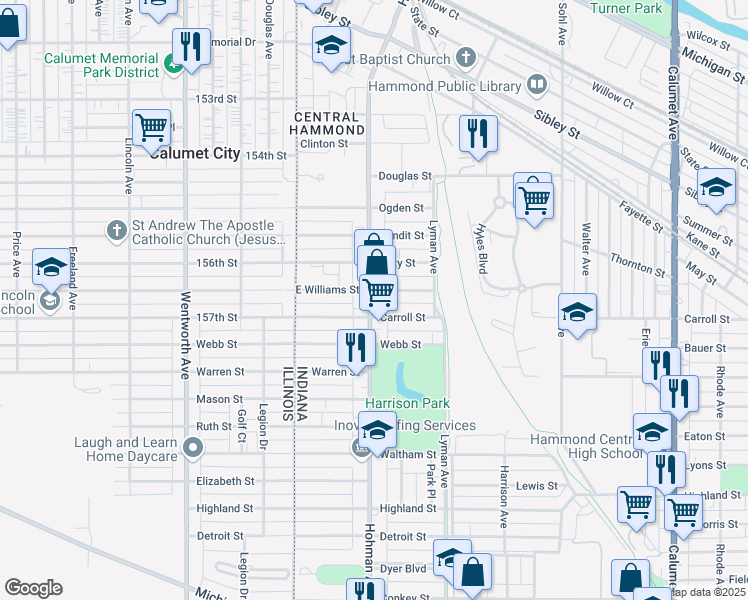 map of restaurants, bars, coffee shops, grocery stores, and more near 5617 Hohman Avenue in Hammond