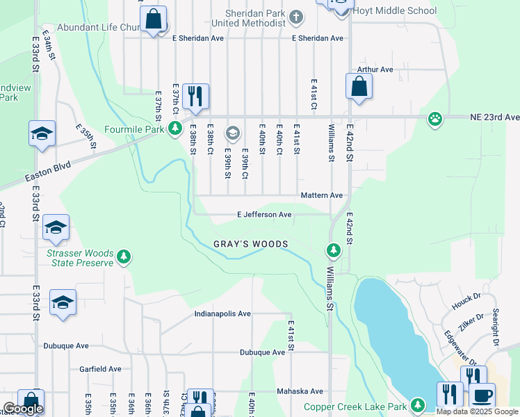 map of restaurants, bars, coffee shops, grocery stores, and more near 4019 Mattern Avenue in Des Moines