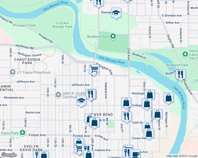 map of restaurants, bars, coffee shops, grocery stores, and more near 409 Franklin Avenue in Des Moines