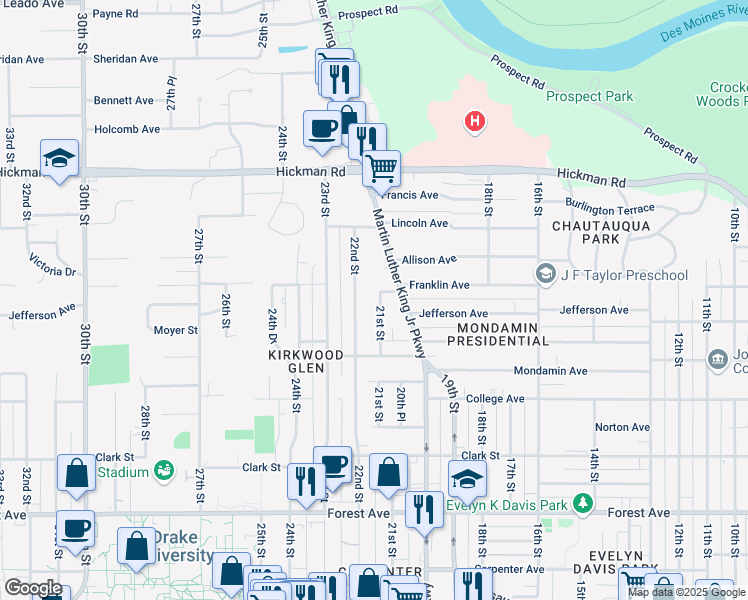 map of restaurants, bars, coffee shops, grocery stores, and more near 1909 22nd Street in Des Moines