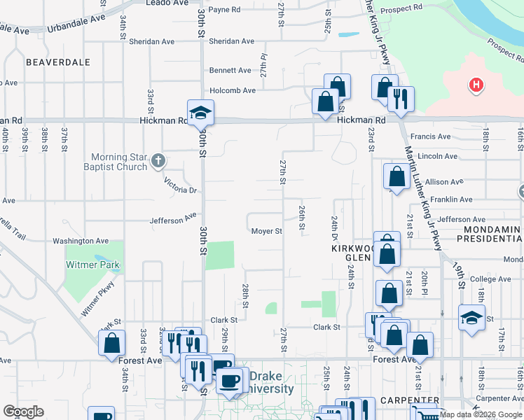 map of restaurants, bars, coffee shops, grocery stores, and more near 2805 Franklin Avenue in Des Moines