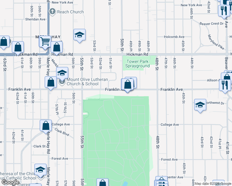 map of restaurants, bars, coffee shops, grocery stores, and more near 5019 Franklin Avenue in Des Moines