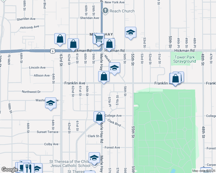 map of restaurants, bars, coffee shops, grocery stores, and more near in Des Moines
