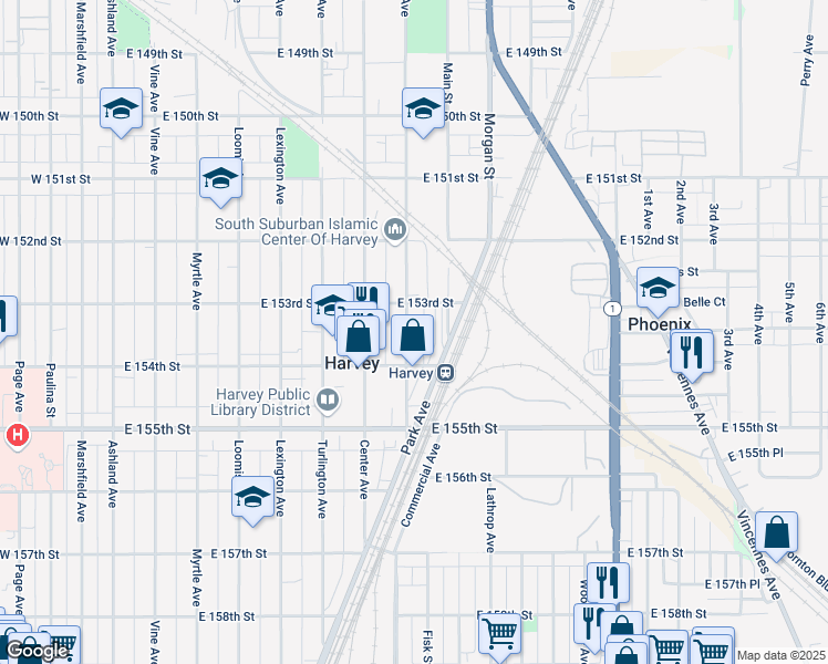 map of restaurants, bars, coffee shops, grocery stores, and more near 15308 Broadway in Harvey