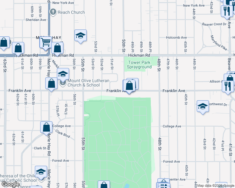 map of restaurants, bars, coffee shops, grocery stores, and more near 5000 Franklin Avenue in Des Moines