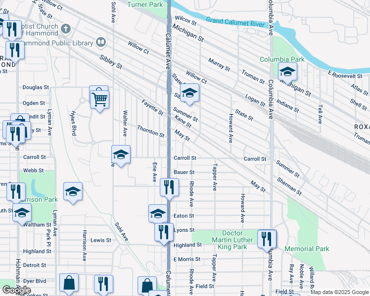 map of restaurants, bars, coffee shops, grocery stores, and more near 845 May St in Hammond