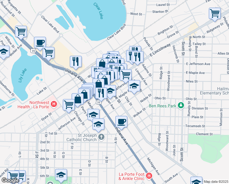 map of restaurants, bars, coffee shops, grocery stores, and more near 801 Monroe Street in La Porte