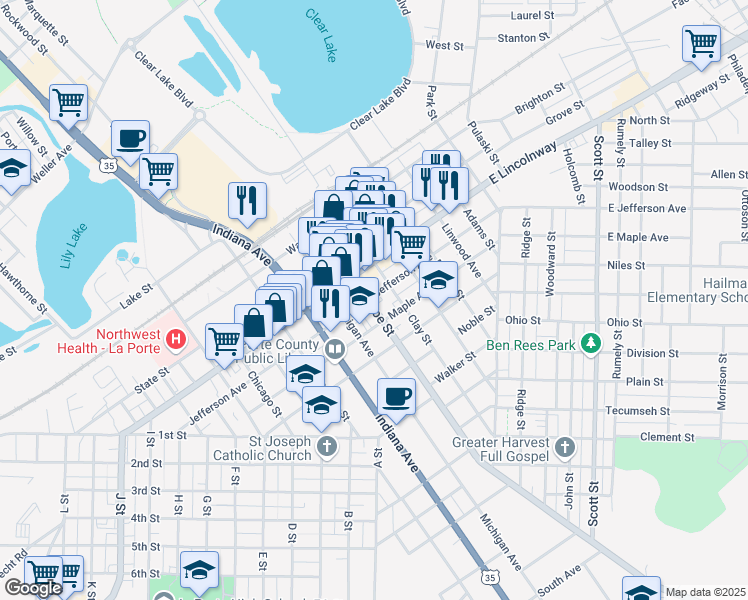 map of restaurants, bars, coffee shops, grocery stores, and more near 801 Monroe Street in La Porte