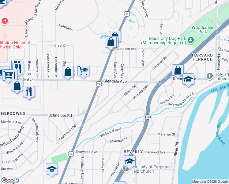 map of restaurants, bars, coffee shops, grocery stores, and more near 1521 Watova Road in Toledo