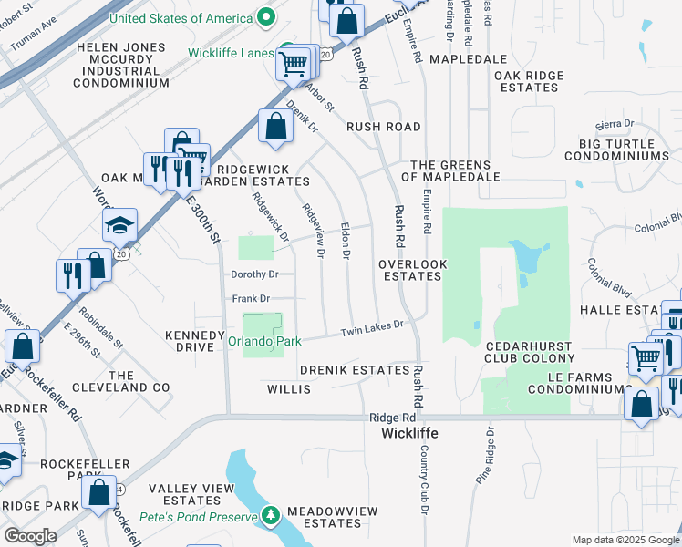 map of restaurants, bars, coffee shops, grocery stores, and more near 1830 Eldon Drive in Wickliffe