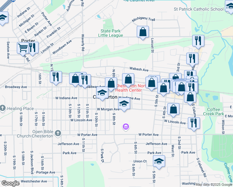 map of restaurants, bars, coffee shops, grocery stores, and more near 119 South 8th Street in Chesterton