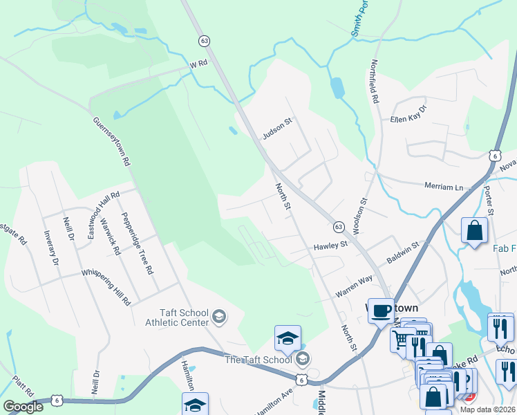 map of restaurants, bars, coffee shops, grocery stores, and more near 32 Walnut Street in Watertown