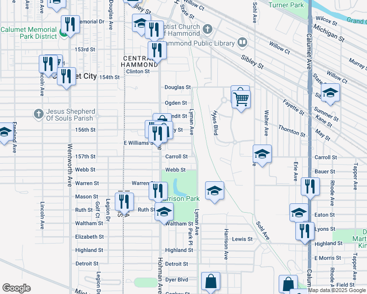 map of restaurants, bars, coffee shops, grocery stores, and more near 231 East Williams Street in Hammond
