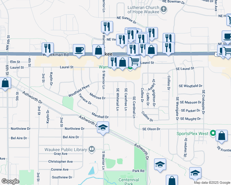 map of restaurants, bars, coffee shops, grocery stores, and more near 375 Southeast Whitetail Lane in Waukee
