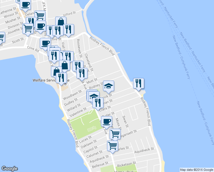 map of restaurants, bars, coffee shops, grocery stores, and more near 200 Cleveland Street in New Bedford