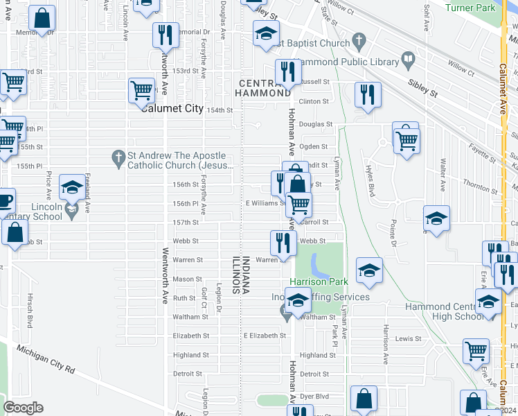 map of restaurants, bars, coffee shops, grocery stores, and more near 26 East Williams Street in Hammond