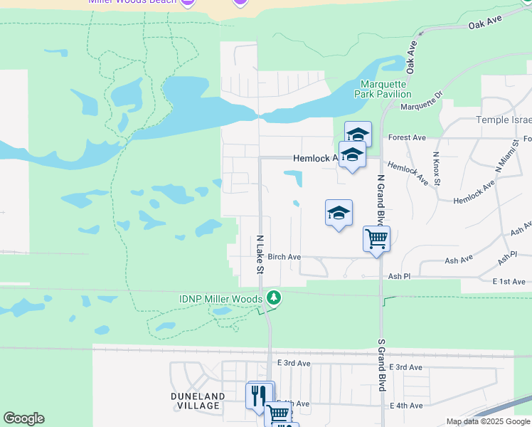 map of restaurants, bars, coffee shops, grocery stores, and more near 301 North Lake Street in Gary