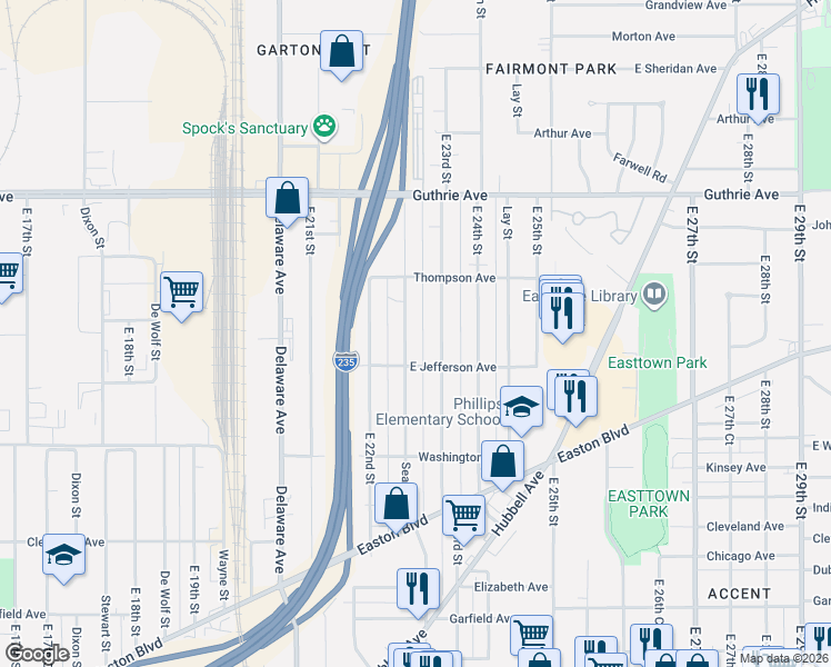 map of restaurants, bars, coffee shops, grocery stores, and more near 1913 Searle Street in Des Moines