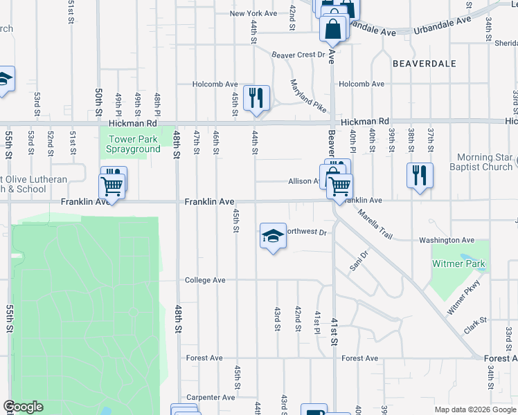 map of restaurants, bars, coffee shops, grocery stores, and more near 1900 44th Street in Des Moines
