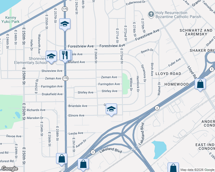 map of restaurants, bars, coffee shops, grocery stores, and more near 26951 Farringdon Avenue in Euclid