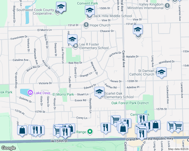 map of restaurants, bars, coffee shops, grocery stores, and more near 5812 Orange Lane in Oak Forest