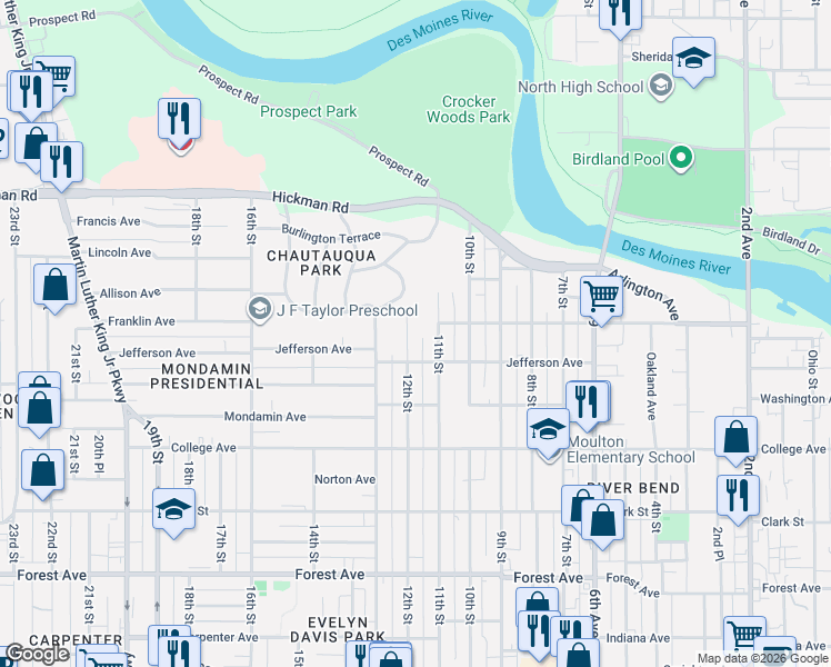 map of restaurants, bars, coffee shops, grocery stores, and more near 1831 12th Street in Des Moines