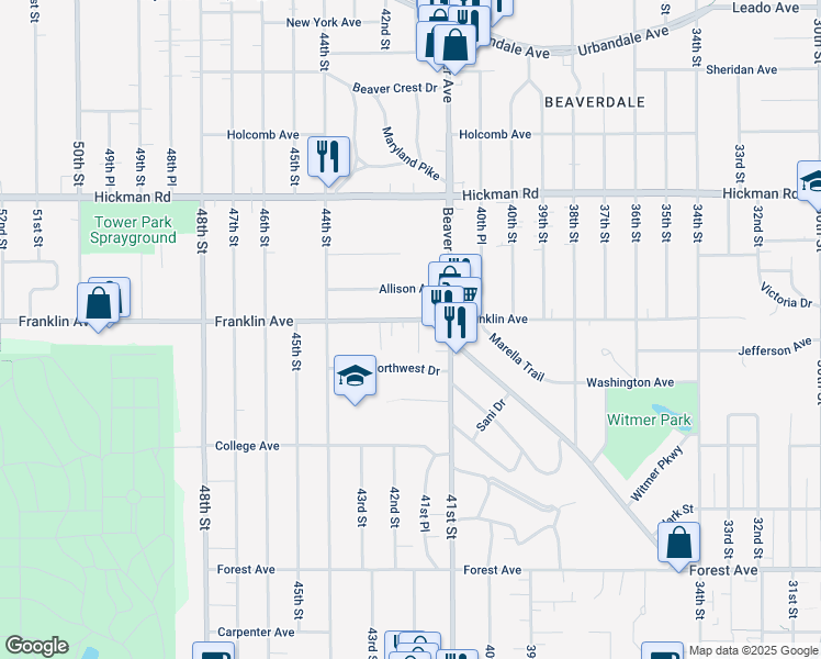 map of restaurants, bars, coffee shops, grocery stores, and more near 4211 Franklin Avenue in Des Moines