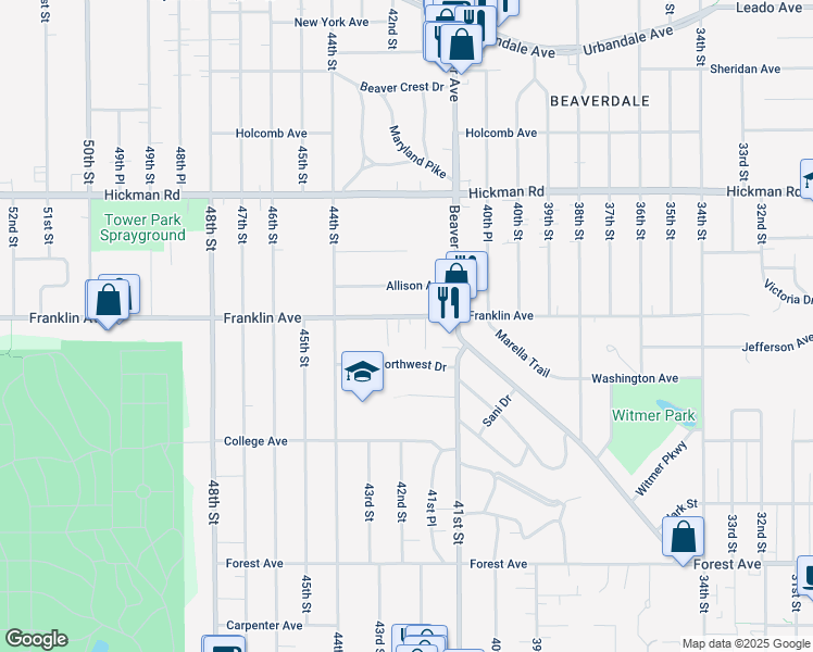 map of restaurants, bars, coffee shops, grocery stores, and more near 4211 Franklin Avenue in Des Moines