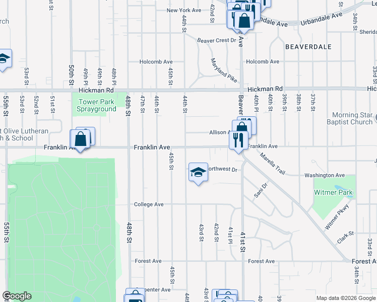 map of restaurants, bars, coffee shops, grocery stores, and more near 1900 44th Street in Des Moines