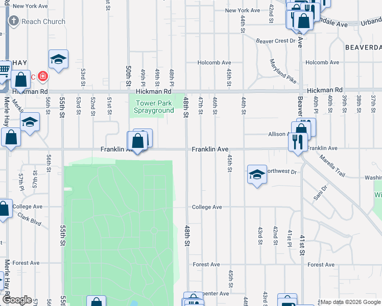 map of restaurants, bars, coffee shops, grocery stores, and more near 4719 Franklin Avenue in Des Moines