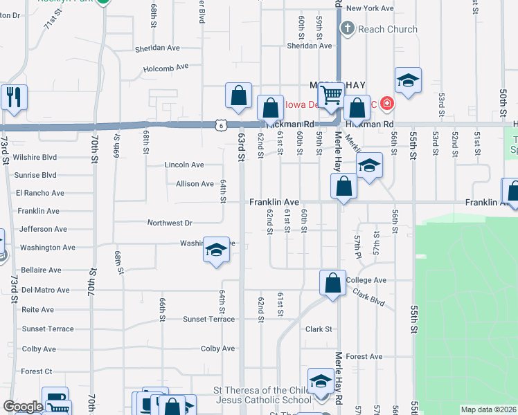 map of restaurants, bars, coffee shops, grocery stores, and more near 6113 Franklin Avenue in Des Moines