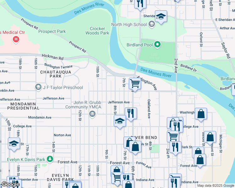 map of restaurants, bars, coffee shops, grocery stores, and more near 1821 8th Street in Des Moines