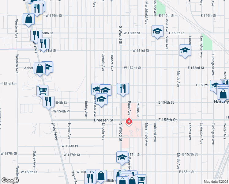 map of restaurants, bars, coffee shops, grocery stores, and more near 15319 Honore Avenue in Harvey