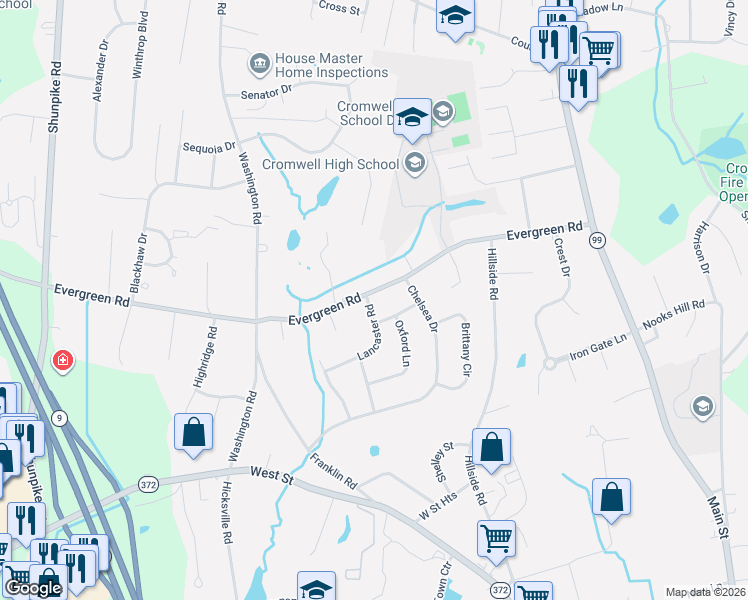 map of restaurants, bars, coffee shops, grocery stores, and more near 56 Evergreen Road in Cromwell