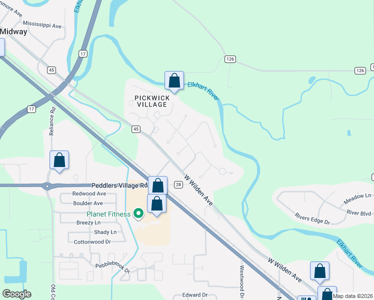 map of restaurants, bars, coffee shops, grocery stores, and more near 2004 W Saybrook Dr in Goshen