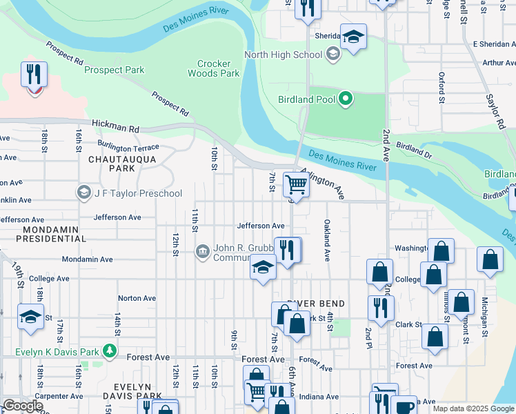 map of restaurants, bars, coffee shops, grocery stores, and more near 1821 8th Street in Des Moines