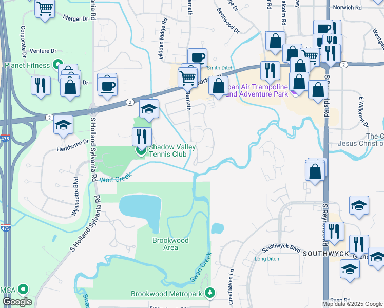 map of restaurants, bars, coffee shops, grocery stores, and more near 1562 Saddlebrook Court in Toledo