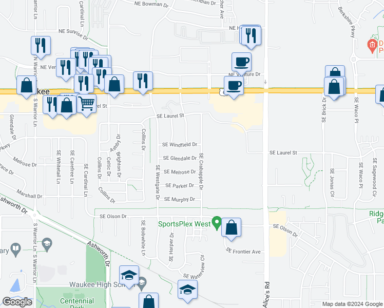 map of restaurants, bars, coffee shops, grocery stores, and more near 775 Southeast Glendale Drive in Waukee