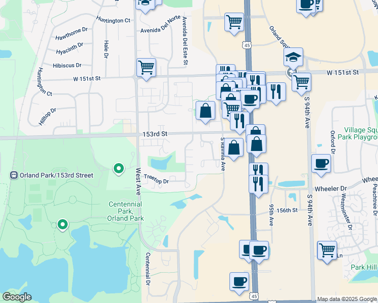 map of restaurants, bars, coffee shops, grocery stores, and more near 15333 Treetop Drive in Orland Park