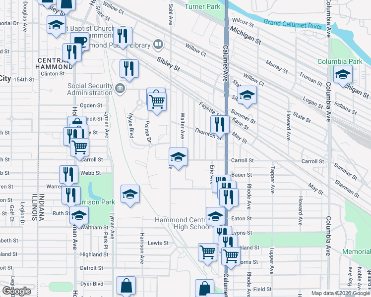 map of restaurants, bars, coffee shops, grocery stores, and more near 5643 Walter Avenue in Hammond