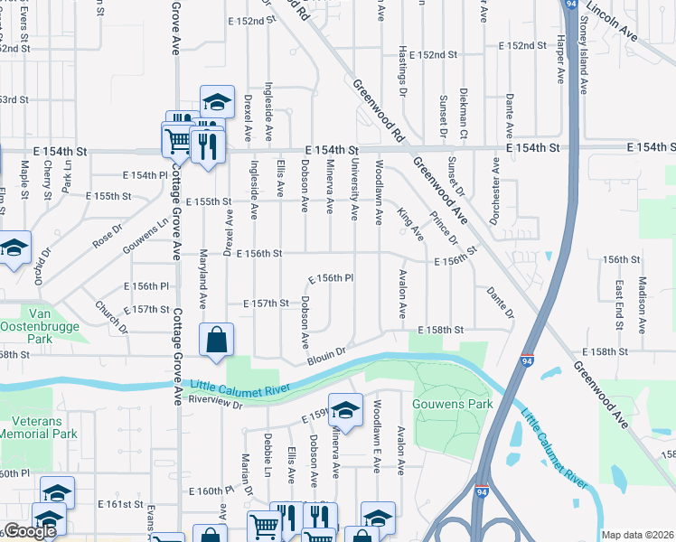 map of restaurants, bars, coffee shops, grocery stores, and more near 15600 University Avenue in Dolton