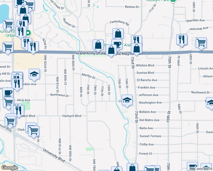 map of restaurants, bars, coffee shops, grocery stores, and more near 7700 Marilyn Drive in Windsor Heights