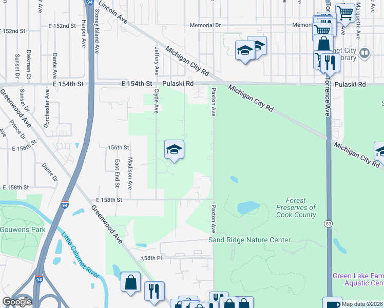 map of restaurants, bars, coffee shops, grocery stores, and more near 15600 Merrill Avenue in South Holland
