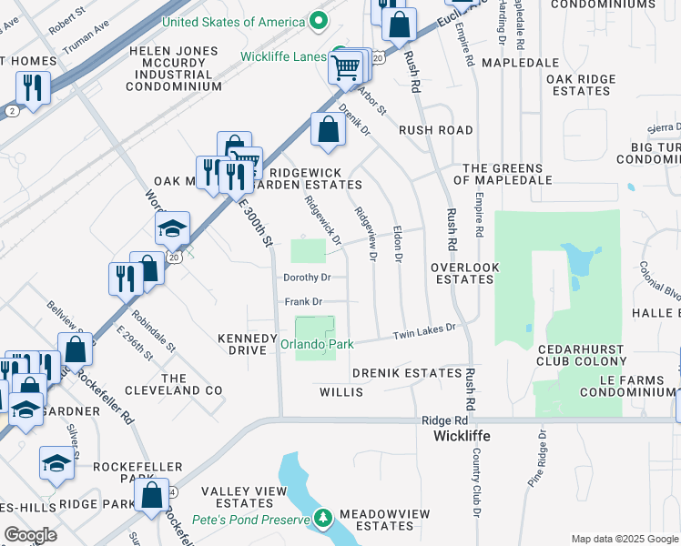 map of restaurants, bars, coffee shops, grocery stores, and more near 1826 Ridgewick Drive in Wickliffe