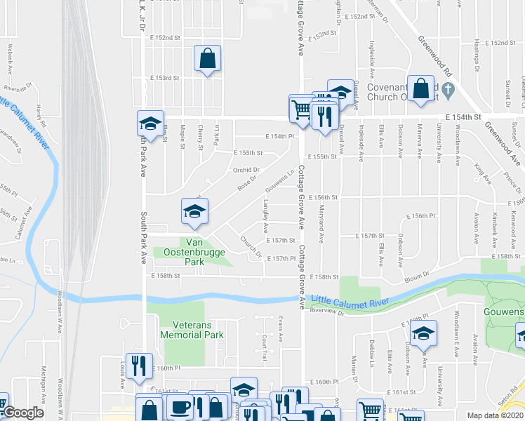 map of restaurants, bars, coffee shops, grocery stores, and more near 15612 Langley Avenue in South Holland