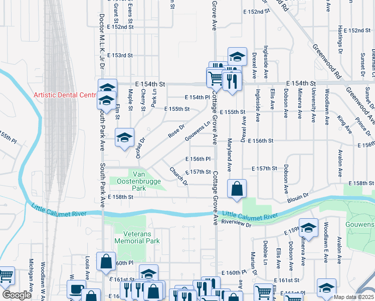 map of restaurants, bars, coffee shops, grocery stores, and more near 15612 Langley Avenue in South Holland