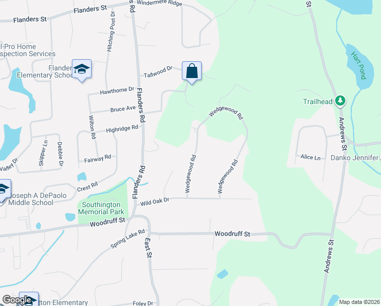 map of restaurants, bars, coffee shops, grocery stores, and more near 126 Wedgewood Road in Southington