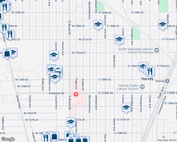 map of restaurants, bars, coffee shops, grocery stores, and more near 15305 Marshfield Avenue in Harvey